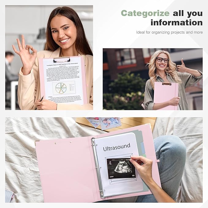 Ospelelf Binder 3 Ring 1 Inch, Solid Pink Round Ring Clipboard Binder for Letter Size Paper with 5 Tab Dividers, for School and Office Supplies