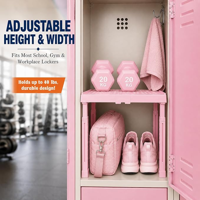 Svartur Locker Shelf Adjustable Height and Width, Pink Locker Organizer for Work, Locker Shelves Stack-able Stand Tools for Gym Locker, Back to School Accessories, Pack of 2