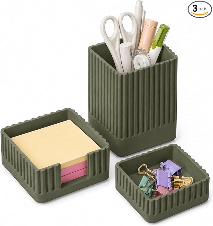 Desk Organizer Set of 3 for Office Accessories - Includes Pen Holder, Paperclip Storage, and Sticky Note Holder - Aesthetic Concrete Desktop Accessories for Women or Men, Office Decor (Green)