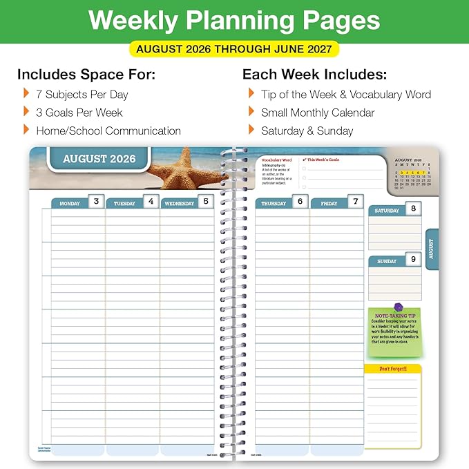 Global Datebooks 2026-2027 Middle & High School Student Planner 5.5" x 8.5" - Dated Weekly & Monthly Academic Planner w/Ruler/Bookmark & Stickers, For Homework, Matrix Style, Black Doodles