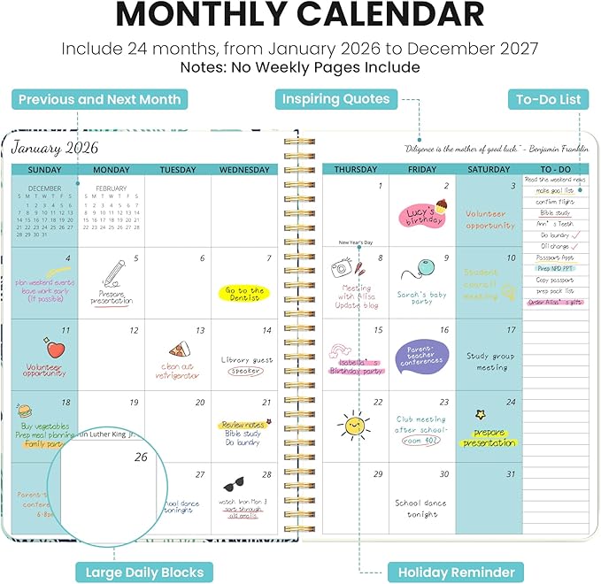 Monthly Planner 2026-2027, Aesthetic 2 Year Months Planner Calendar, 24-Months from January 2026 - December 2027, 26-27 Monthly Calendar Planner, Perfect for School Office Home, 7" x 10" - Drifting Whales