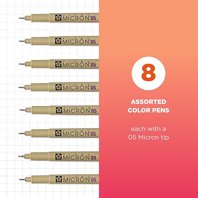 SAKURA Pigma Micron Fineliner, 05 Tip, Ass't Archival Colors, 8 PK 30066