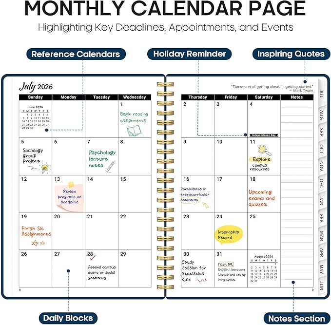 Planner 2026-2027, 6.3" x 8.5" Weekly and Monthly Academic Year Planner Calendar, July 2026 - June 2027, Hardcover Large School Planning Agenda With Tabs, Perfect for School & Office Supplies, A5, Navy Blue