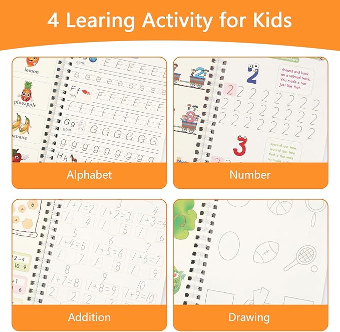 PEASUG Grooved Writing Books for Kids 3-5, Magic Grooved Writing Practice for Kids, Reusable Handwriting Workbooks Practice for Kid Learn to Write, Children's Magic Copybooks 4 Pack
