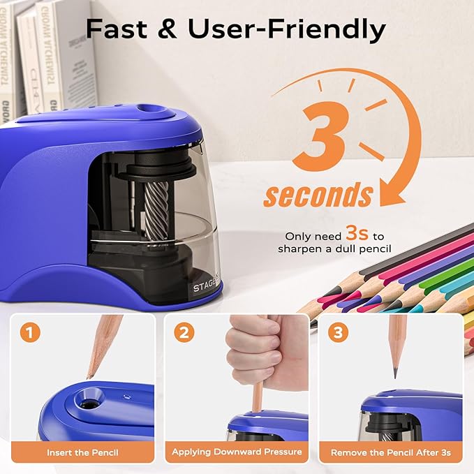 STAGEEK Electric Pencil Sharpener, Plug in or USB/Battery Operated. Works for No.2/Colored Pencils (6-8mm). Ideal for School Classroom Office Home, Blue