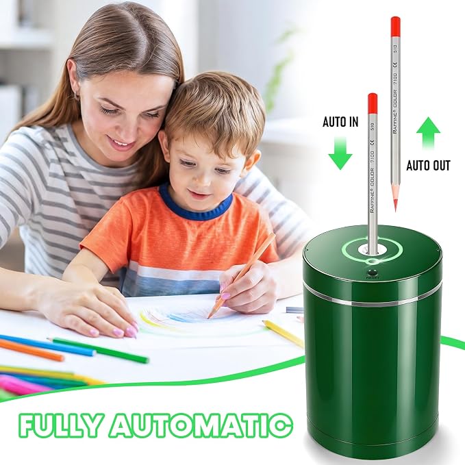Fully Automatic Electric Pencil Sharpener,Rechargeable smart Pencil Sharpener.Suitable for No. 2/Colored Pencils (6-8 mm),Applicable to School/Classroom/Office/Home（Green）