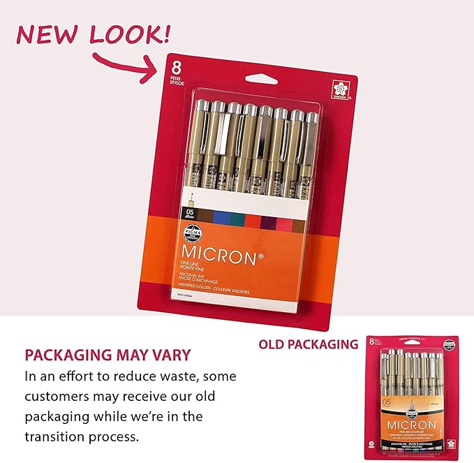 SAKURA Pigma Micron Fineliner, 05 Tip, Ass't Archival Colors, 8 PK 30066