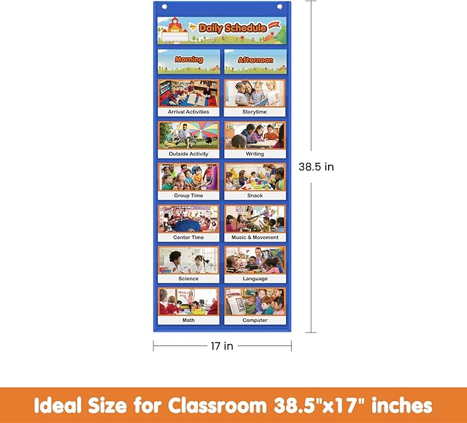 Auchq Daily Schedule Pocket Chart, Visual Schedule for Kids with 23 Activity Cards, 8+1 Pockets, 4 Blank Dry-Erase Cards Included, Great for Classroom Preschool-1 st Gr.(17’’ x 38.5’’ in)