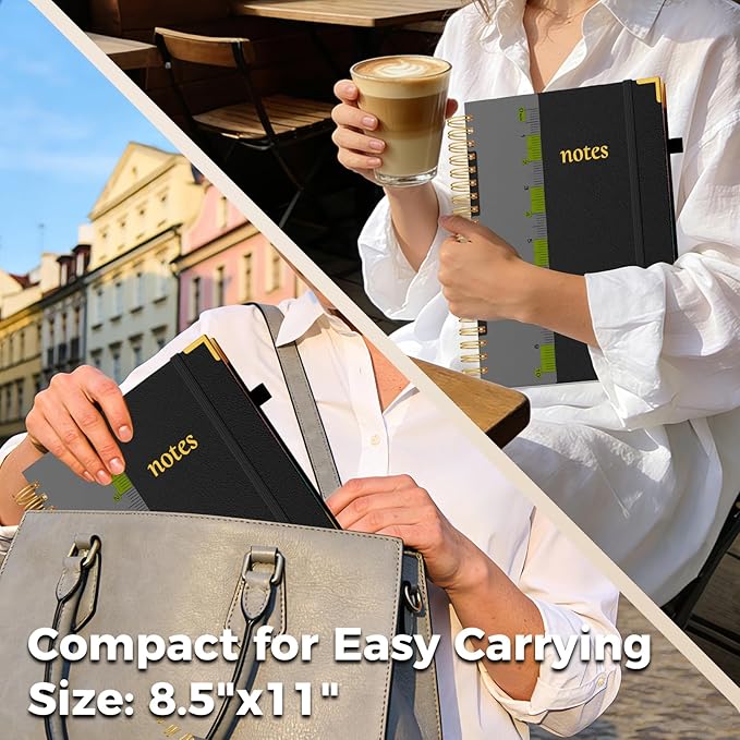 XYark A4 Hardcover Spiral Notebook, 8.5"x11" College Ruled Notebooks with Removable Dividers Tabs & Ruler, 5 Subject Notebook 300 Pages, Large Lined Journal for Women Men School Work Office, Black