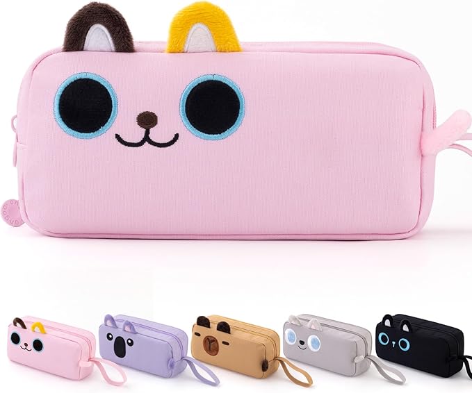 CICIMELON Cartoon Pencil Case, Large Capacity Pen Pouch with Embroidered Animal Design, School Supplies Bag for Kids, Teens, Students (Pink Kitty)