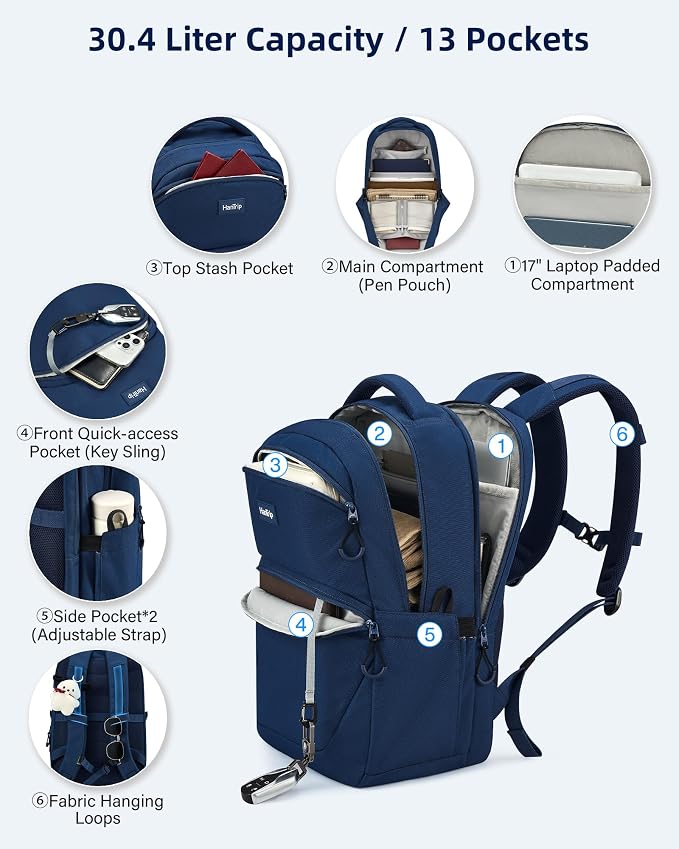HanTrip 18 Inch Carry on Travel Backpack with Lots of Pockets, Navy Blue | 17 Inch Laptop Sleeve, Luggage Sleeve, Water Bottle Pocket, 30 Liter, Chest Strap, Water Resistant, 18x14x8 Medium Bookbag