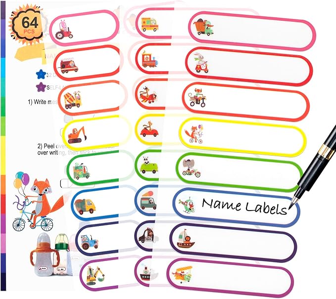 64 PCS Waterproof Daycare Labels, Name Labels for Kids Stuff School Supplies, Baby Bottle Label for Daycare Essentials, Name Stickers Tags for Water Bottle Lunch Box - Self Laminating, Dishwasher Safe