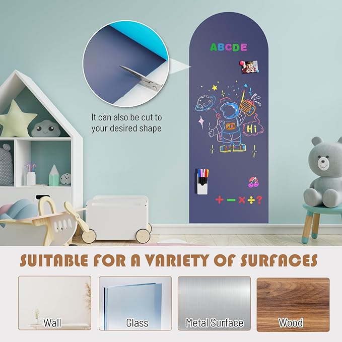 Magnetic Chalkboard for Wall, 47.2" x 18" Magnetic Arch Wall Decal Self Adhesive Blackboard Wallpaper Peel and Stick Chalk Board Wall Decal Roll for Home Playroom Classroom (Dusty Blue)