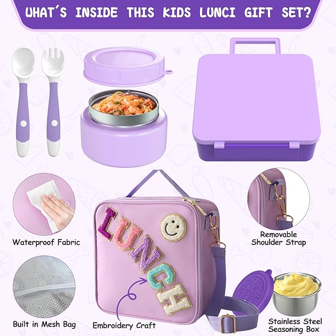 Aimsnk Kids Bento Lunch Box with 8oz Soup Thermo, Kids Leakproof Lunch Food Containers with 4 Compartment,Insulated Hot Food Jar with Lunch Bag for School, Travel (Purple)
