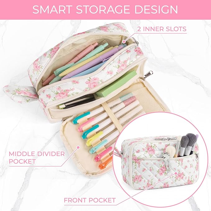 WOBAGMEN Quilted Pencil Pouch for Girls Women, Large Pencil Case Pouch with Compartments Cute Aesthetic Pencil Case Organizer, Floral Pencil Bag for School Supplies (big pink floral)