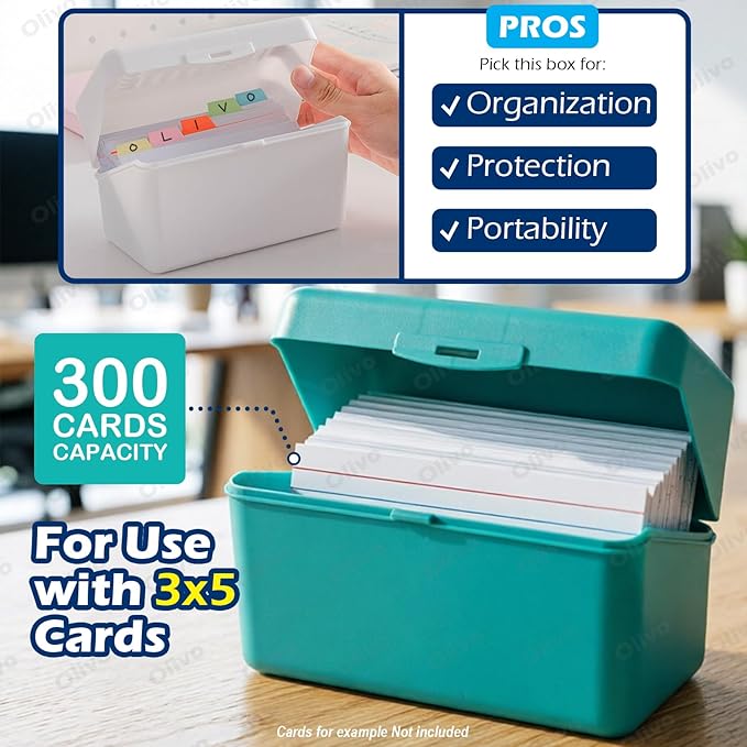 Olivo Index Card Holder Box 3x5 Flash Note Card Holder Storage File Box Organizer Case for 3"x5" Cards, Teal 2 Pack