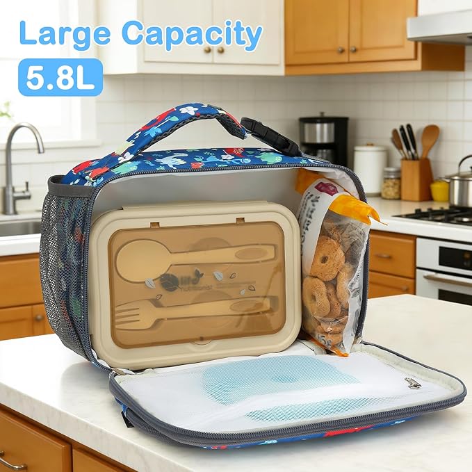 FlowFly Kids Lunch box Insulated Soft Bag Mini Cooer Back to School Thermal Meal Tote Kit for Girls, Boys,Dinosaur