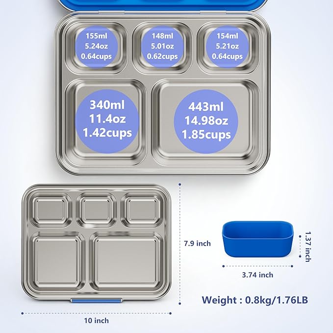 Pawtong Stainless Steel Lunch Box, 5-Compartment Bento Lunch Box for Kids & Adults,Metal Lunch Box with Removable Silicone Container, Lunch Box Containers for School,Office (Blue)