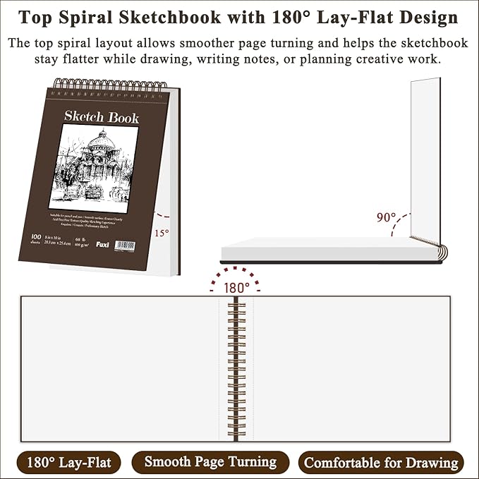 8" x 10" Sketch Book, 100 Sheets Hardcover Sketchbook, 68 lb/100gsm Drawing Paper for Adults, Spiral Bound Sketch Pad, Art Paper for Drawing and Painting for Art Supplies for College Students.