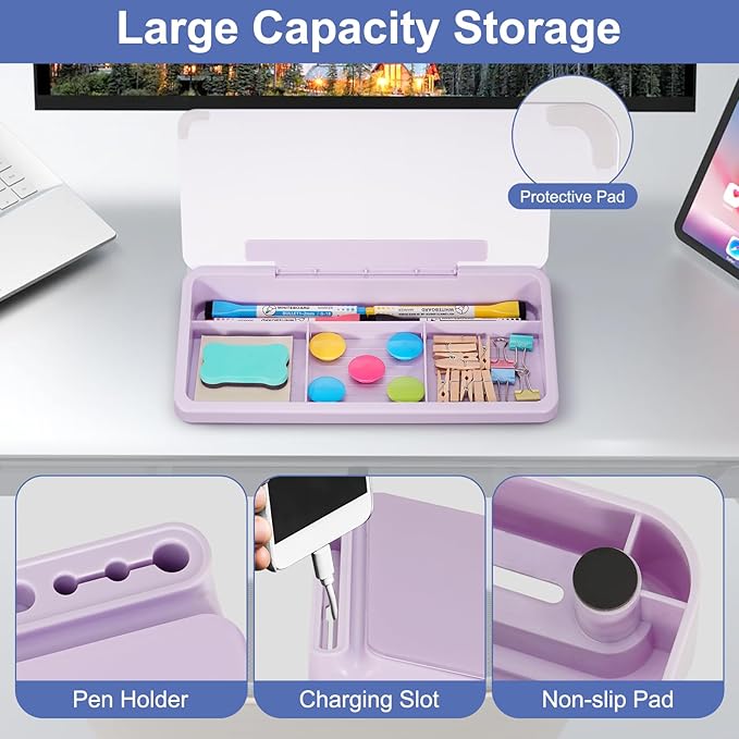 DOLLAR BOSS 12''x7'' Glass Desktop Whiteboard Small Dry Erase Board with Storage Drawer Computer Keyboard Stand Desk Organizer Office Accessories School Supplies with 4 Markers, Purple