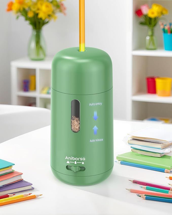 Rechargeable Electric Pencil Sharpener, Auto in & Out, Green