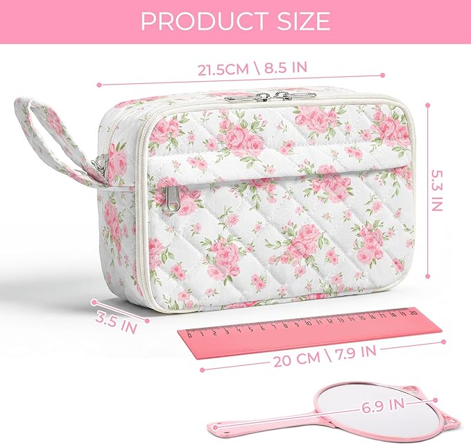 WOBAGMEN Quilted Pencil Pouch for Girls Women, Large Pencil Case Pouch with Compartments Cute Aesthetic Pencil Case Organizer, Floral Pencil Bag for School Supplies (big pink floral)