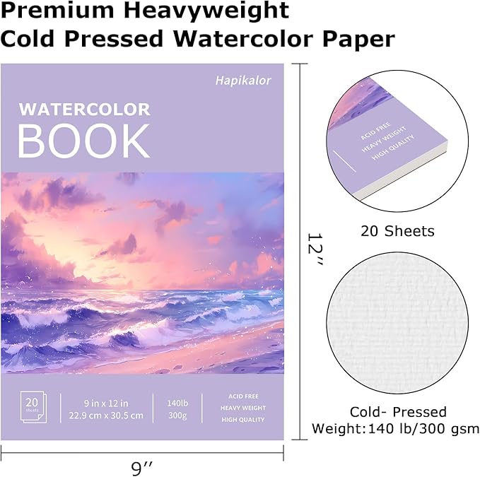 Watercolor Paper Pad 9x12, 140lb/300gsm Cold Press Drawing Paper, 20 Sheets Acid-Free Artist Sketchbook for Wet Media, Gouache & Acrylic, Double Sided Painting Paper (Purple Cover)