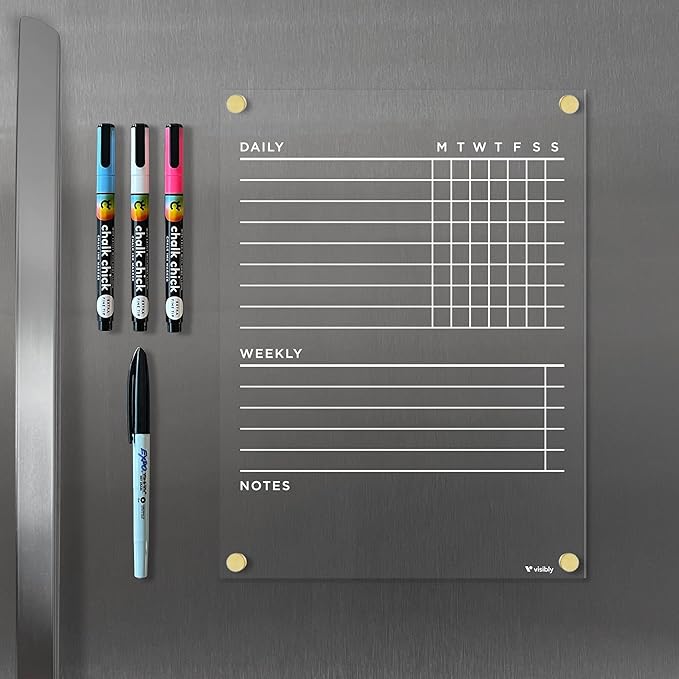 Magnetic Acrylic Chore Chart for Fridge 9” x 12”, Clear Wet Erase Refrigerator Task Board, Minimalist Routine Planning Board, Includes 4 Magnetic Markers, Silver Corner Magnets