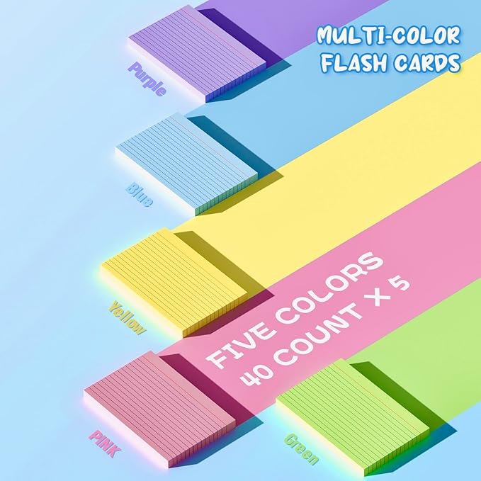 Colored Index Cards 4x6 Inch, 200 Count Note Cards 4x6, 5 Colors Flash Cards for Studying, 40 Sheets Per Color Lined Index Cards Ruled, Colored Notecards 4 x 6 for Office, School, and Home