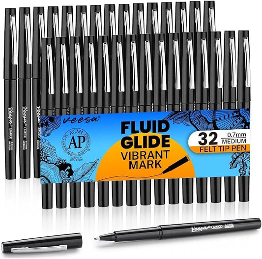 VEESA Felt Tip Pens Black, 32 Pack, Medium Point (0.7mm), Smooth Writing