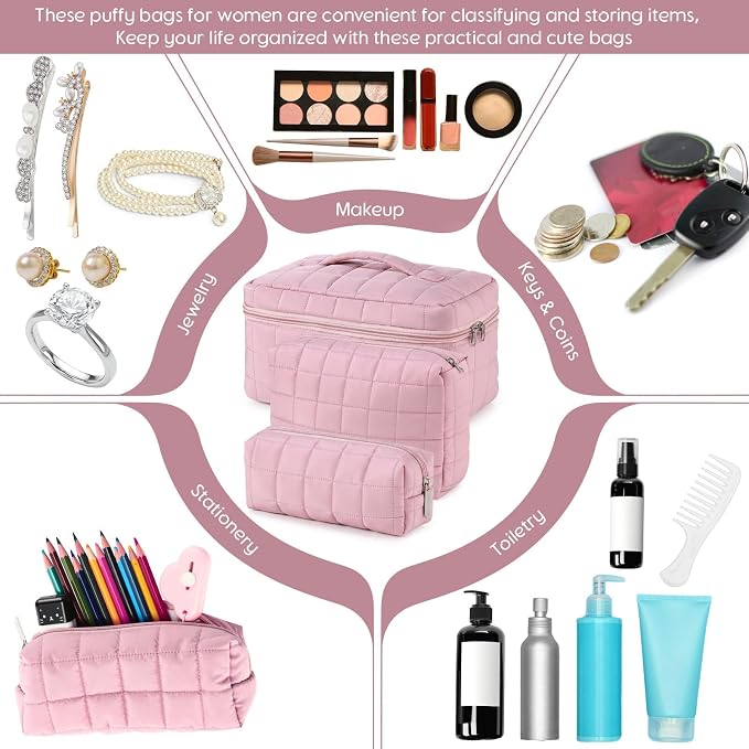 Huhumy 3 Pcs Large Puffy Makeup Bag Set Quilted Cosmetic Pouch for Women Cute Checkered Travel Toiletry Bag Puffer Makeup Organizer Purse Pouch Preppy Pencil Case with Zipper Valentine Gift(Pink)