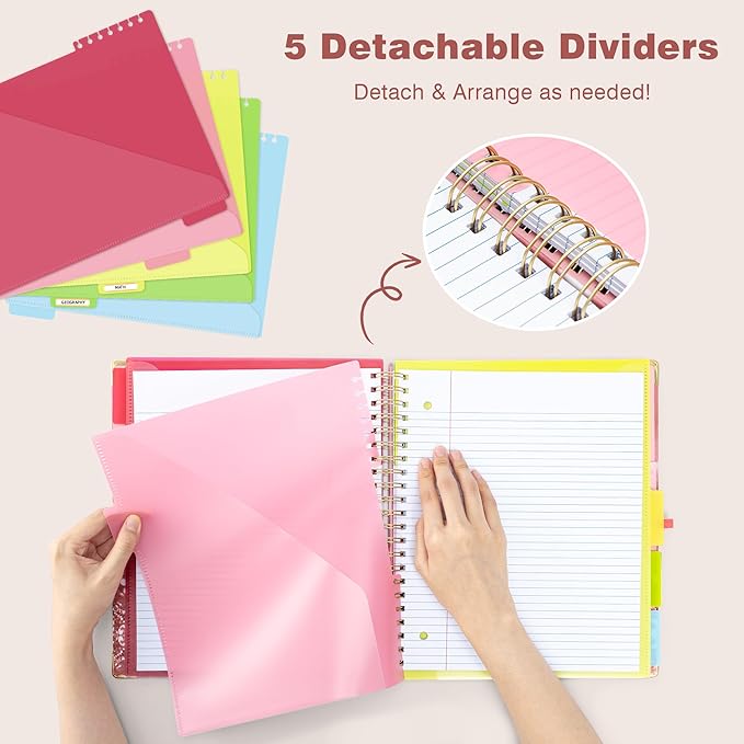 EYROZILL Spiral Notebook Clipboard with Removable Dividers Tabs, 5 Subject Notebook College Ruled, 8.5"x11" Hardcover Lined Journals with 12 Storage Pockets School Office Work Supplies