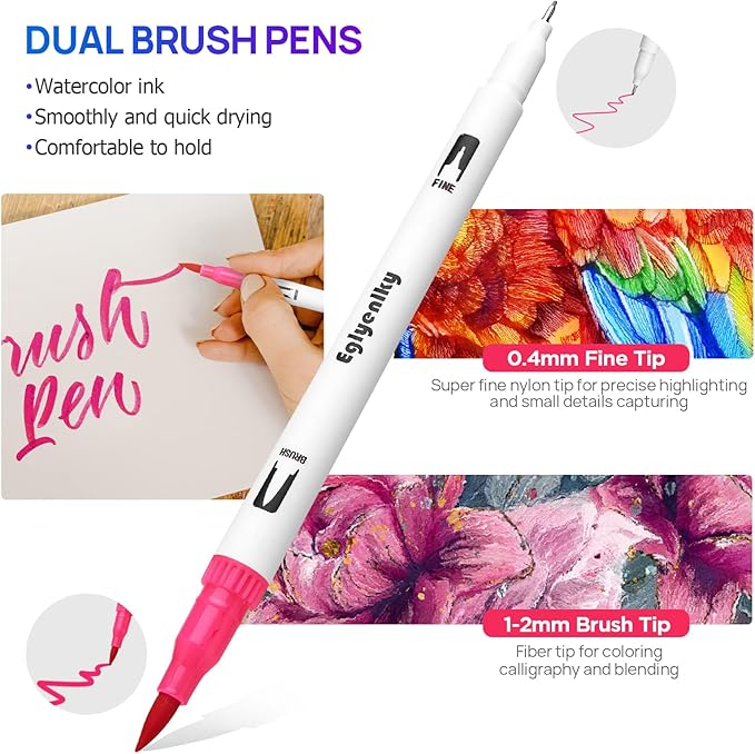 Eglyenlky Colored Markers for Adult Coloring Book, Felt Tip Marker, Dual Tip Brush Pens with Brush and Fine Tip for Adult Teen Kid Drawing (36 Colors Set)