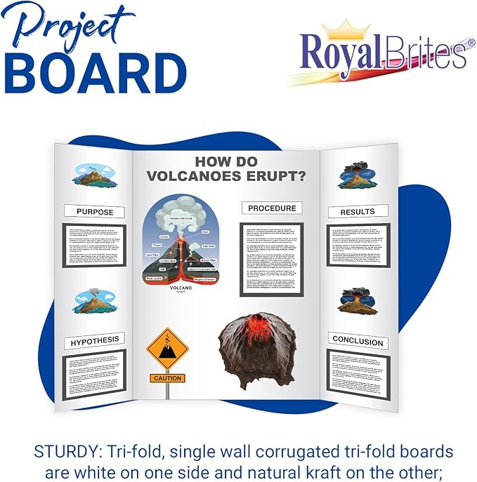 Royal Brites 1-Ply Corrugated Tri-fold Project Board 28" x 40", Exhibition, Presentation, & Science Fair Display Boards, Lightweight Tri-Fold Board with Smooth Surface, White/Kraft, Pack of 6