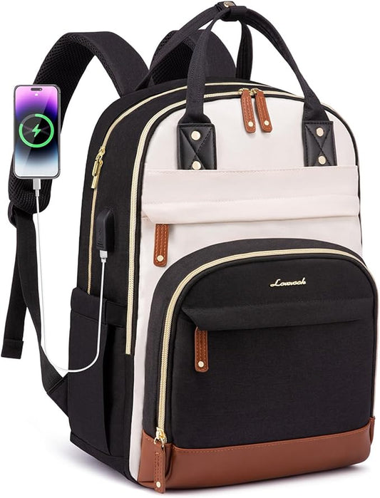 LOVEVOOK Laptop Backpack Women with USB Port Design,17.3 inch Waterproof Work Travel Backpack Computer Laptop Bag,Cute College Nurse Teacher Backpack Purse,Gifts for Women & Men,Beige-Black-Brown