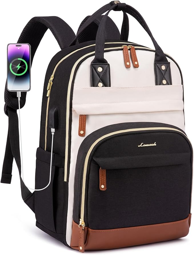 LOVEVOOK Laptop Backpack Women with Giant Tumbler Holder,15.6 inch Waterproof Work Travel Backpack Computer Laptop Bag,Cute College Nurse Teacher Backpack Purse,Gifts for Women & Men,Beige-Black-Brown