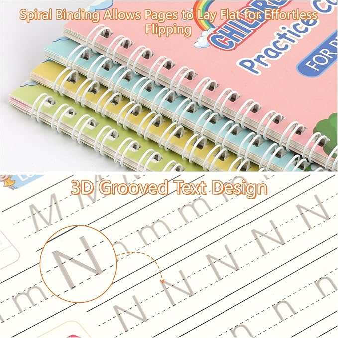 PEASUG Grooved Writing Books for Kids 3-5, Magic Grooved Writing Practice for Kids, Reusable Handwriting Workbooks Practice for Kid Learn to Write, Children's Magic Copybooks 4 Pack
