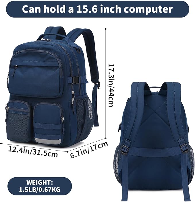 Lohol Water Resistant Backpack with Multifunctional Pockets for Teens, Durable Bookbag fits 15.6 inch Laptop for School Travel College, 25L (Navy Blue)