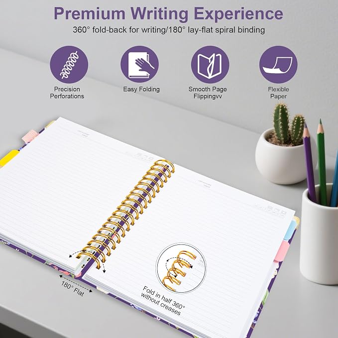 Spiral Journal Notebooks for Work, 300 Pages 5 Subject Notebook College Ruled with Dividers & Tabs, Notebook Journal for Women Students Note-Taking and Organizer (Purple Floral, 8.5''x 11'')