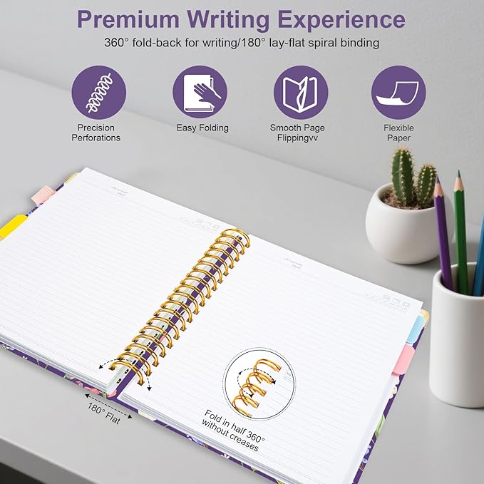 Spiral Journal Notebooks for Work, 300 Pages 5 Subject Notebook College Ruled with Dividers & Tabs, A5 Notebook Journal for Women Students Note-Taking and Organizer (Purple Floral)