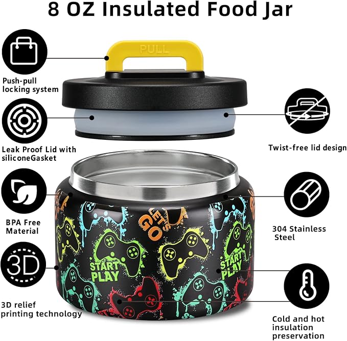 JXXM 8 Oz Thermo Food Jar for Hot & Cold Food for Kids, Insulated Lunch Containers Hot Food Jar,Leak-Proof Vacuum Stainless Steel Wide Mouth Lunch Soup Thermo for School (Black-Game machine)
