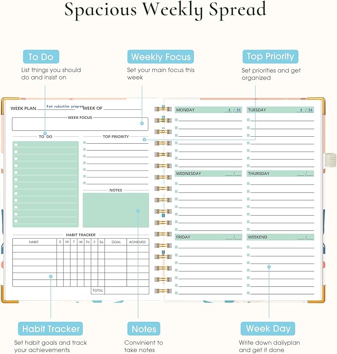 Undated Weekly Planner, Hardcover Weekly & Monthly Calendar Blank Planner, To Do List Notebook with Goal & Habit Tracker Organizer, A5 Daily Planner with Spiral Binding, Ideal for Work School Home, Abstract Floral