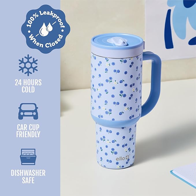 Ello Oasis 40oz Tumbler with Handle & Retracting Straw | Reusable Insulated Stainless Steel Cup 100% Leakproof | Gifts for Teens Women Men | Keeps Cold for 24 Hours | Cup Holder Friendly | Blueberries