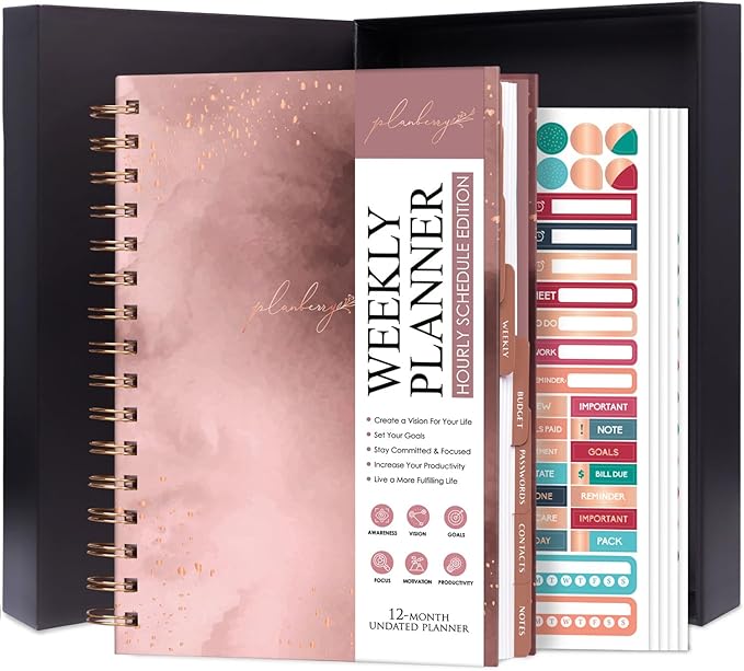 PLANBERRY Hourly Schedule Planner Premium – Undated Weekly Organizer with Time Slots & Monthly Budget – Time Management, Goal Setting, to-Do List & Habit Tracker –6.9″x8.5″(Rose Gold)
