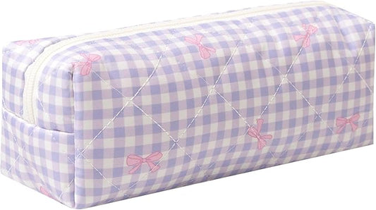 Pencil Case Office College School Storage Bag Pouch Holder Box Organizer Makeup Pouch Cosmetic Bag Aesthetic Cute Pen Case for Girls Boys Kids (Purple bow)