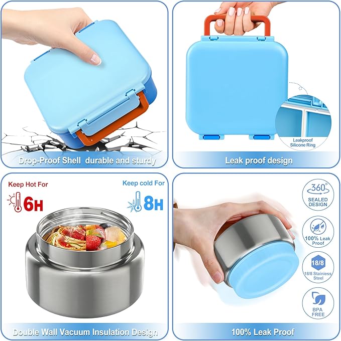 Kids Bento Lunch Box with 9oz Soup Thermo Leakproof Lunch Food Containers 4 Compartment with Insulated Hot Food Jar for Kid Toddler Girls Boys to School, Trvael