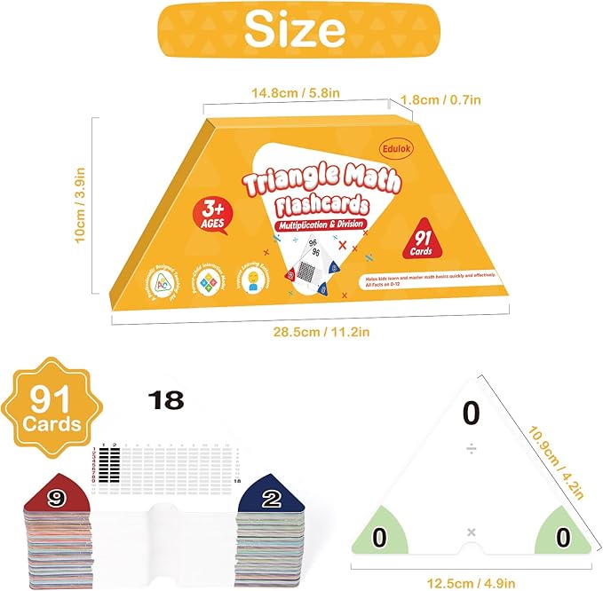 Edulok Multiplication and Division Flash Cards 0-12, Triangle Math Games Flash Cards with Times Table Chart, Math Manipulatives Flashcards for Kids Classroom Homeschool 3rd 4th 5th 6th Grade