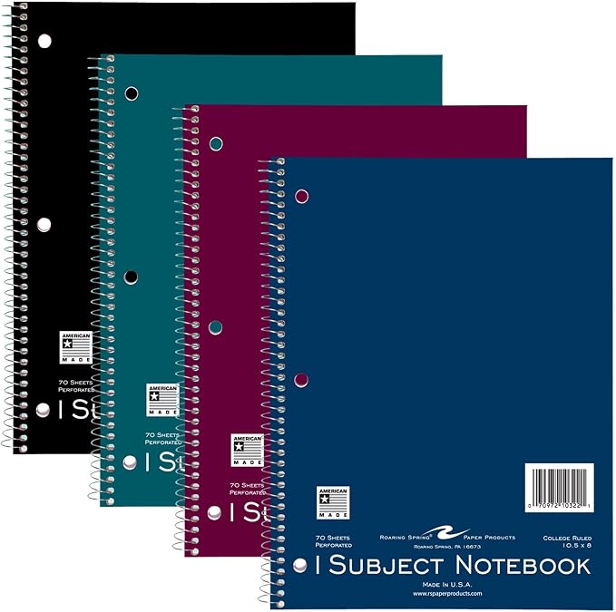 ROARING SPRING 1 Subject Spiral Notebook, College Rule, 70 Sheets, 4 Pack