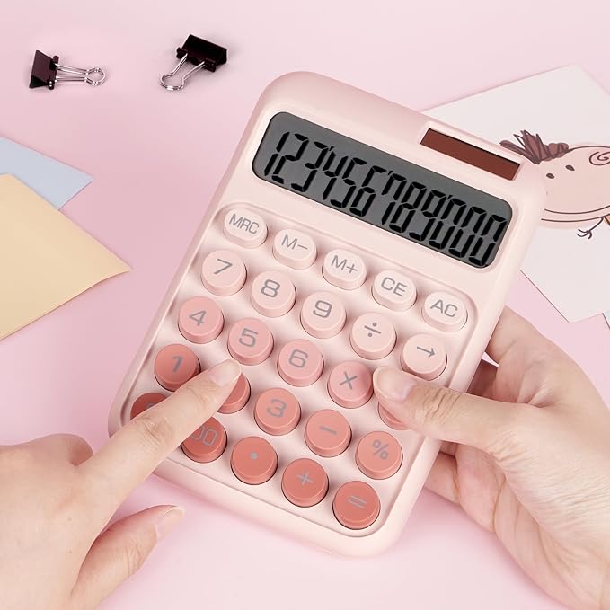 Mechanical Switch Calculator with Big Buttons, Calculators Desktop, 12 Digits, Solar Battery Power, Desk Calculator, Large LCD Display, Cute Pink Calculators for Teachers Students Basic Office