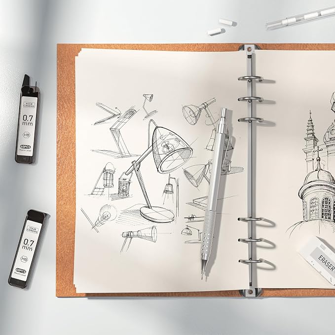 2PCS Metal Mechanical Pencil Set, 0.5mm+0.7mm, Storage Case, Silver | 360PCS HB Lead Refills, 3 Erasers, 9 Eraser Refills, for School Writing, Sketching, Technical Drawing, Art Projects